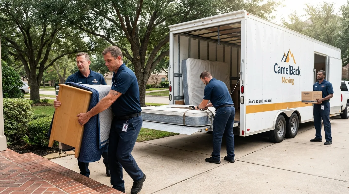 Crew loading residential truck for cross-state move from Leakey, TX