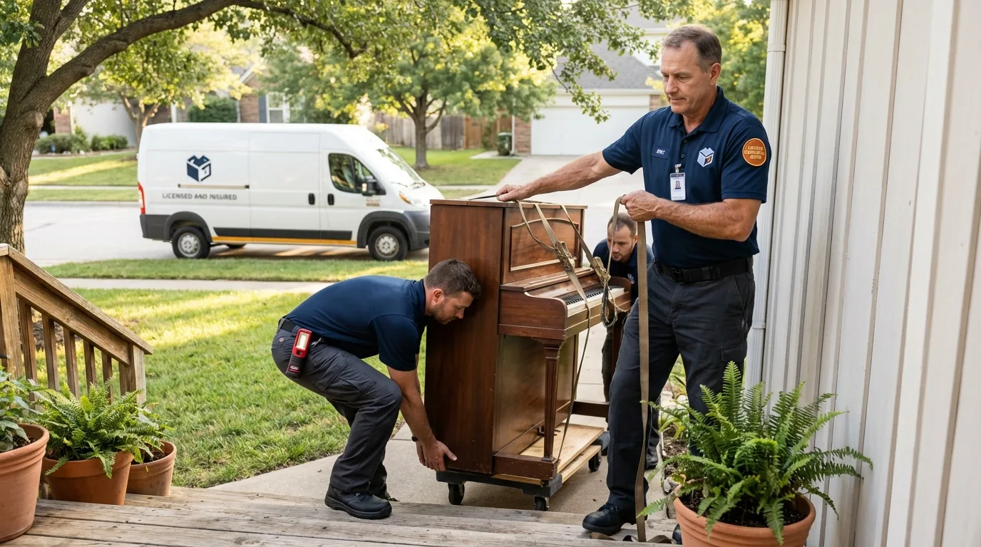 Licensed piano movers securing grand piano in Leakey, TX