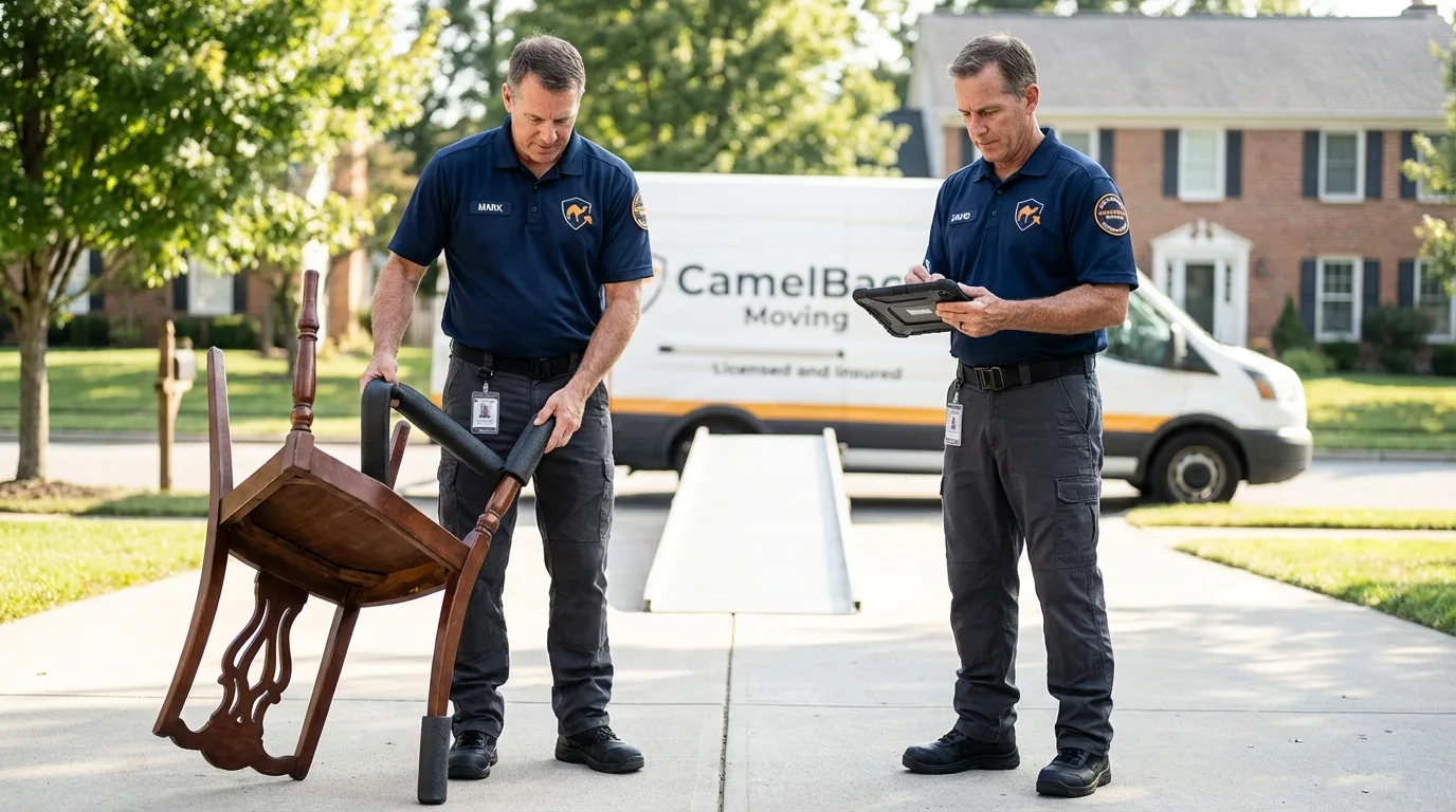 Movers inspecting furniture for damage prevention before loading in Leakey, TX