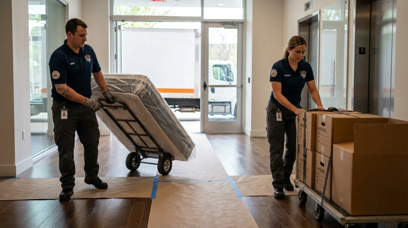 Professional apartment movers loading elevator in Leakey, TX